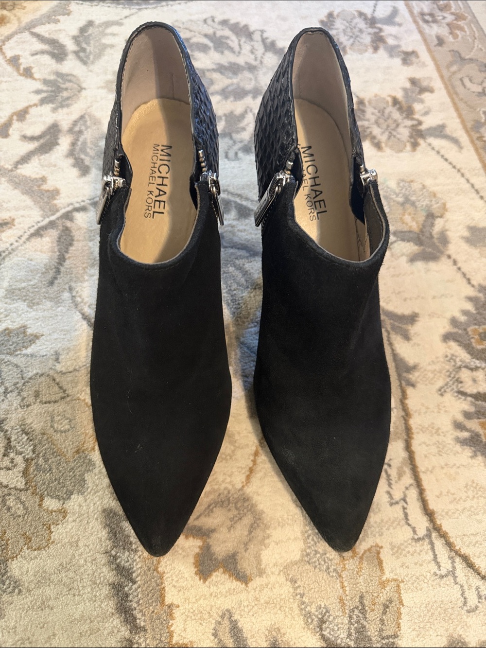Michael Kors Black Suede Pointed Ankle Booties with Textured Heel